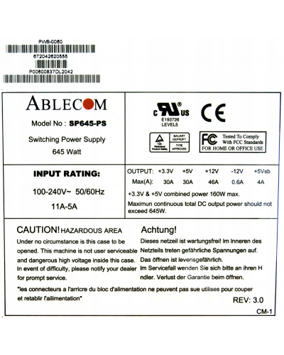 Купити блок живлення Ablecom 645W (SP645-PS) 645Вт (4pin, 8pin CPU)