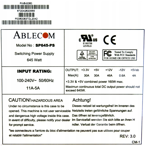 Купити блок живлення Ablecom 645W (SP645-PS) 645Вт (4pin, 8pin CPU)