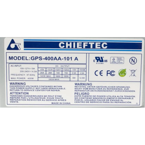 Блок живлення Chieftec GPS-400AA-101A 400Вт (4pin CPU, 6pin GPU)
